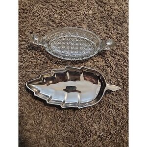 Reed & Barton Silver-tone Plate Mirrored Leaf Bowl‎ & Fostoria American relish